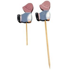 Vtg Wooden Amish-Themed Plant Stakes Hand-Painted Set Of 2 Folk Art Design READ